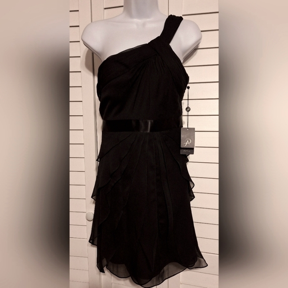 Adrianna Papell Dresses & Skirts - Adrianna Papell black draped one shoulder flutter dress Sz XS ptp 14" ruffle NWT